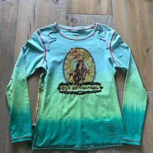 Double D Ranch Womens Out of Control Top - Small - Blue green balage